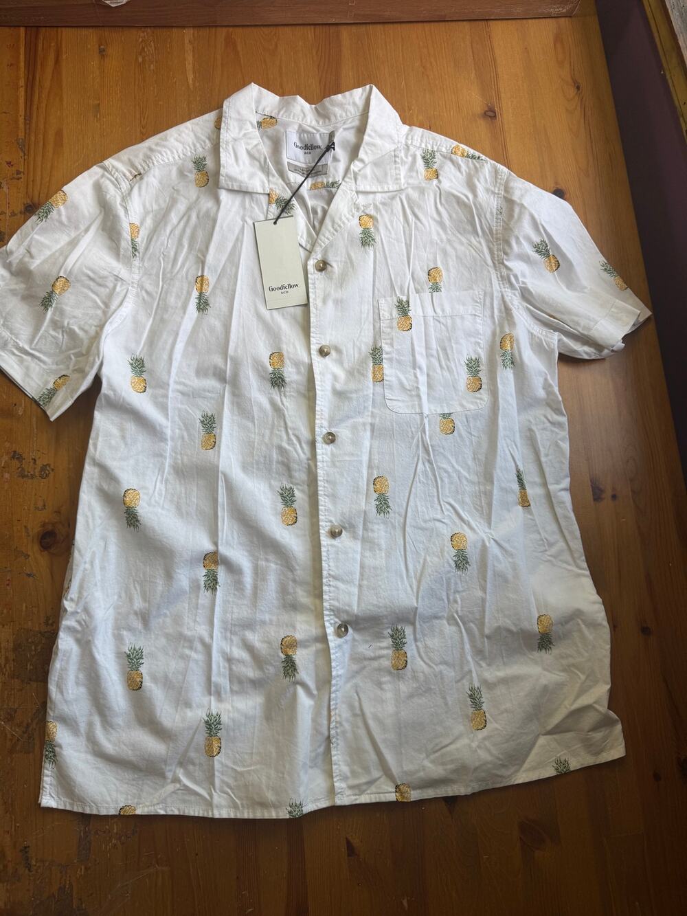 Goodfellow & Co Men's Vacay Embroidered Short Sleeve Button-Down Shirt.